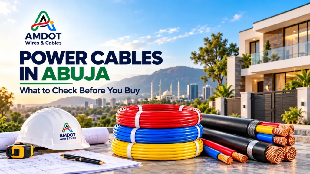 AMDOT Wires & Cables – power cables supplier and wire distributor in Abuja, Nigeria, featuring electrical cable coils and heavy-duty power cables.